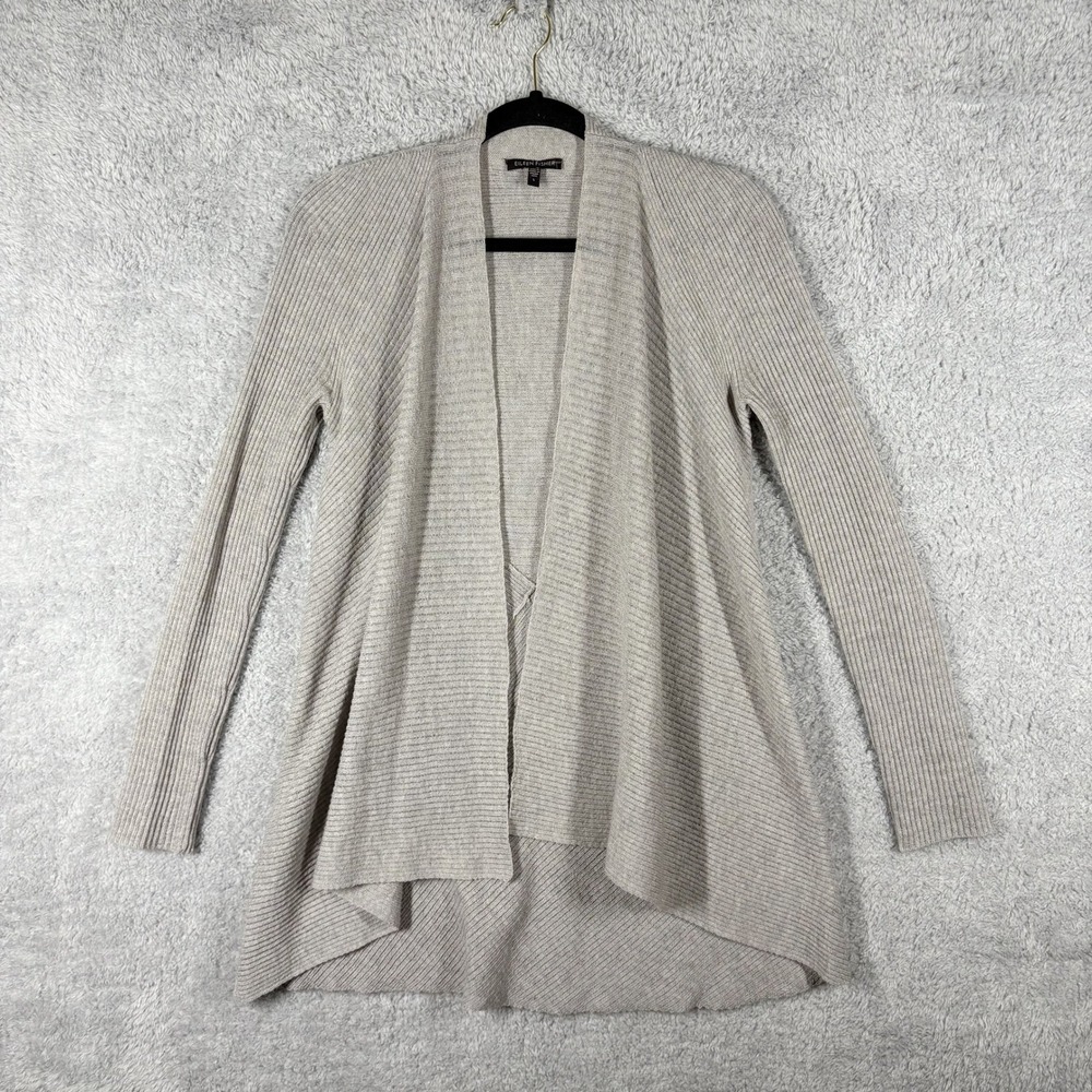 Eileen Fisher Angled Front Wrap Cardigan Size S Gray Washable Wool Crepe‎ Rib